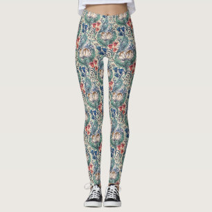 William Morris Red Blue Teal Floral Pattern Leggings