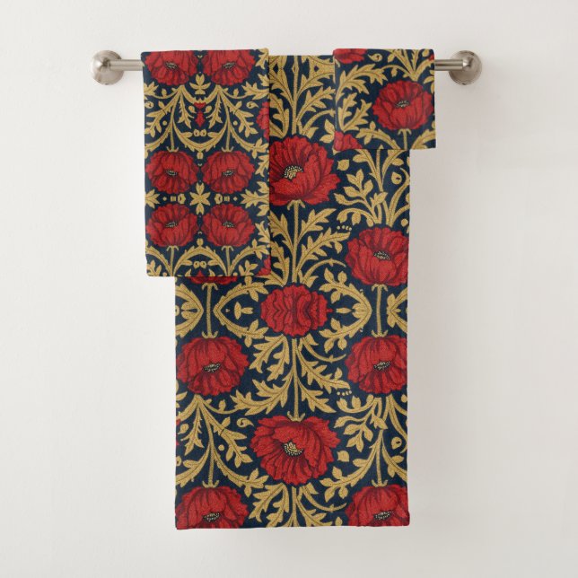 William Morris Red Gold Poppies Floral Pattern  Bath Towel Set (Insitu)