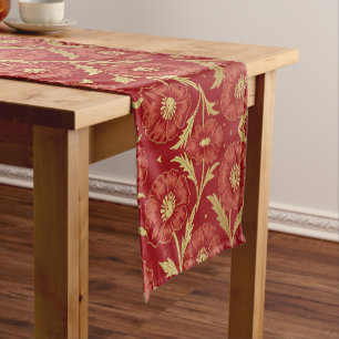 William Morris Red Gold Poppies Floral Pattern Short Table Runner