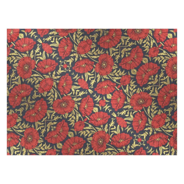 William Morris Red Gold Poppies Floral Pattern  Tablecloth (Front (Horizontal))