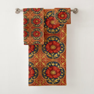 William Morris Red Gold Poppies geometric Floral Bath Towel Set