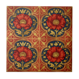 William Morris Red Gold Poppies geometric Floral Ceramic Tile