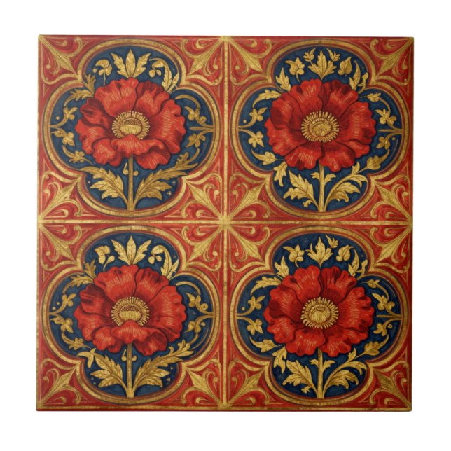 William Morris Red Gold Poppies geometric Floral  Ceramic Tile (Front)