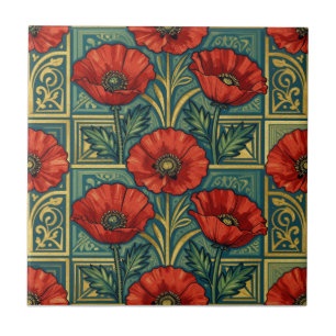 William Morris Red Gold Poppies geometric Floral Ceramic Tile