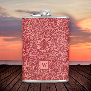 William Morris Red Marigold Pattern with Initial Hip Flask