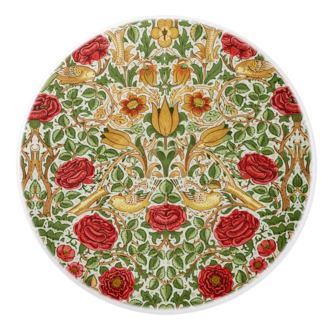 William Morris Rose & Birds Chintz Red Ceramic Knob (Front)