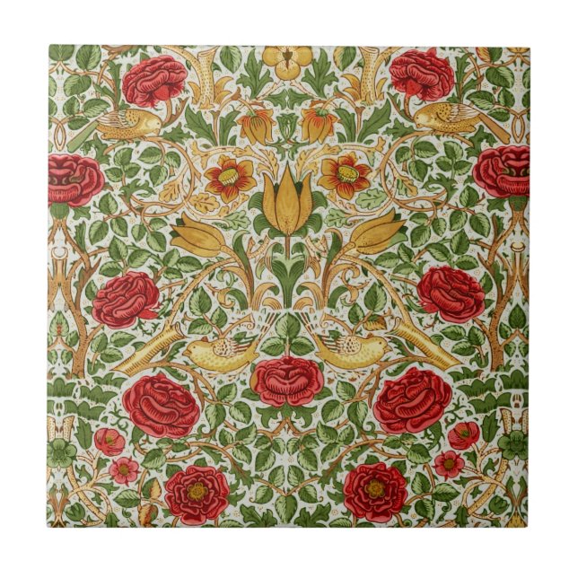 William Morris Rose & Birds Chintz Red Ceramic Tile (Front)
