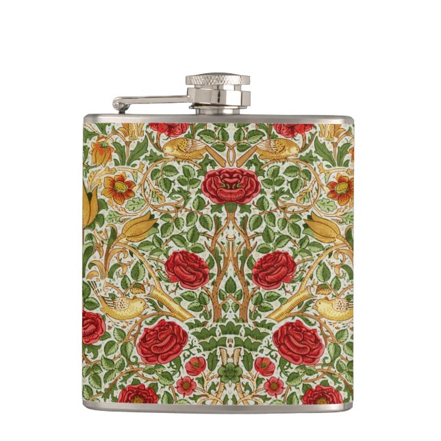 William Morris Rose & Birds Chintz Red Hip Flask (Front)