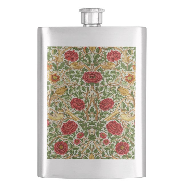 William Morris Rose & Birds Chintz Red Hip Flask (Front)
