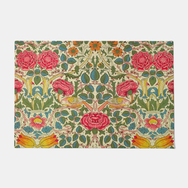William Morris Rose Floral Chintz Pink Doormat (Front)