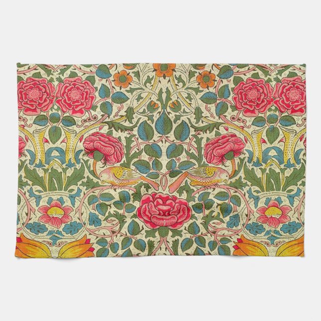 William Morris Rose Floral Chintz Pink Tea Towel (Horizontal)