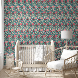 William Morris Rose Gold Green Blue Floral Pattern Wallpaper