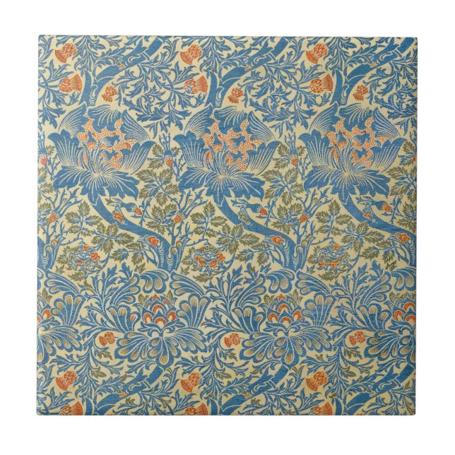 William Morris Rose & Thistle Floral Blue Ceramic Tile (Front)