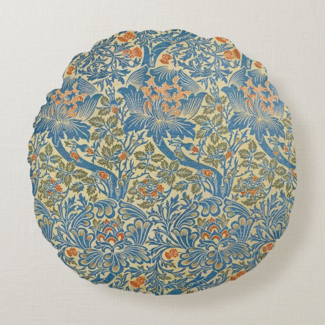 William Morris Rose & Thistle Floral Blue Round Cushion (Front)