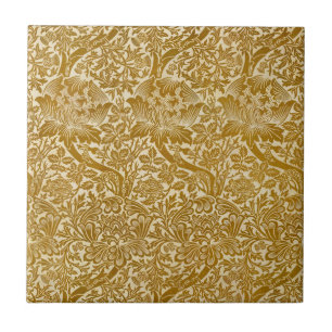 William Morris Rose & Thistle Floral Golden Ceramic Tile