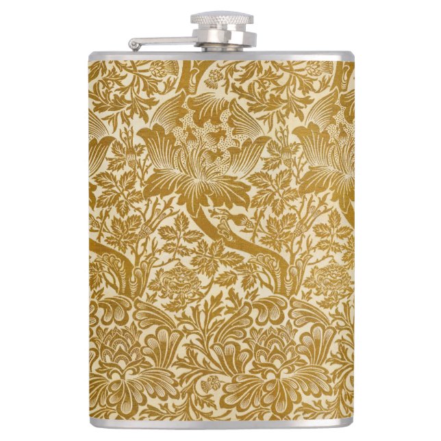 William Morris Rose & Thistle Floral Golden Hip Flask (Front)