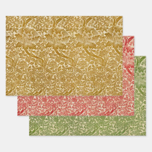 William Morris Rose & Thistle Floral Golden Red Wrapping Paper Sheet