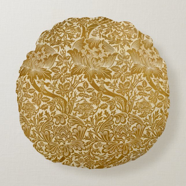 William Morris Rose & Thistle Floral Golden Round Cushion (Front)