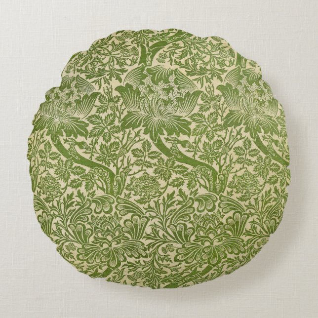 William Morris Rose & Thistle Floral Green Round Cushion (Front)