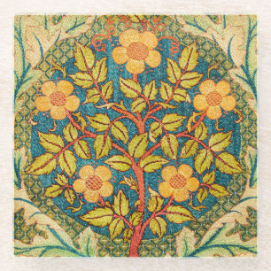 William Morris Rose Wreath: Classic Arts & Crafts Glass Coaster
