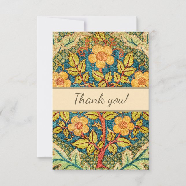 William Morris Rose Wreath: Classic Arts & Crafts  Thank You Card (Front)