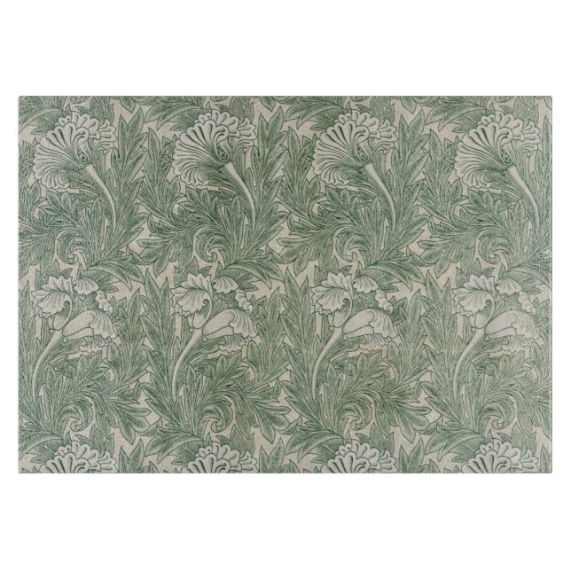 William Morris Sage Green Tulip Pattern: Vintage Cutting Board (Front)