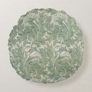 William Morris Sage Green Tulip Pattern: Vintage Round Cushion