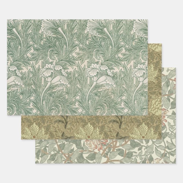 William Morris Sage Green Tulip Pattern: Vintage Wrapping Paper Sheet (Set)