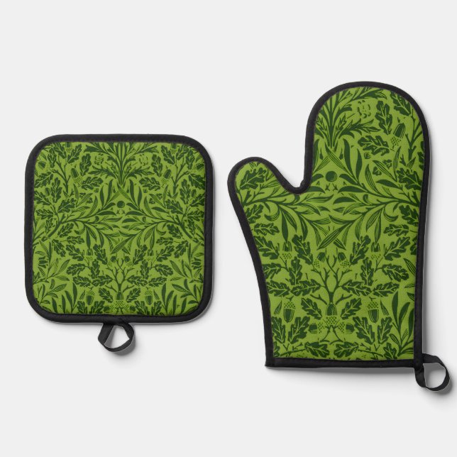 William Morris Seamless Green Oak Leaf Pattern Oven Mitt & Pot Holder Set (Front)