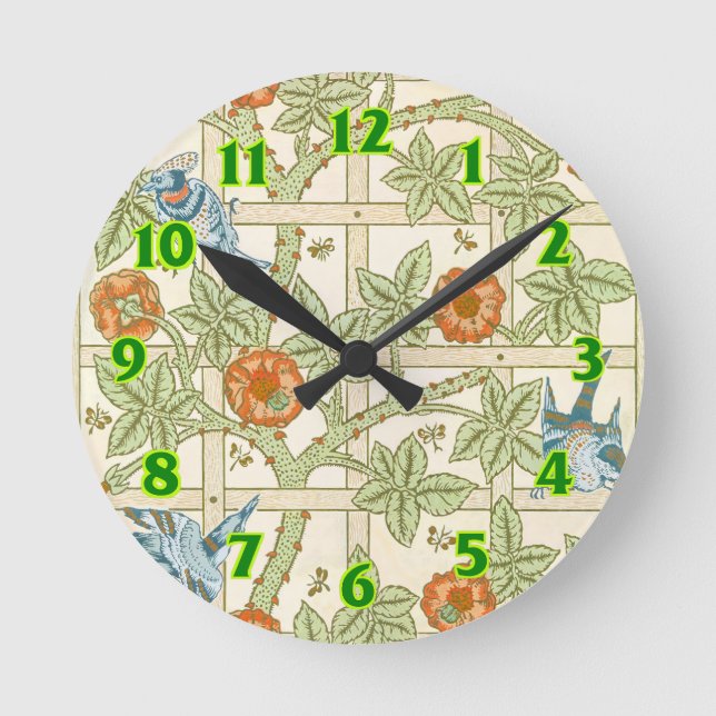 William Morris Seamless Trellis Bird Rose Pattern Round Clock (Front)