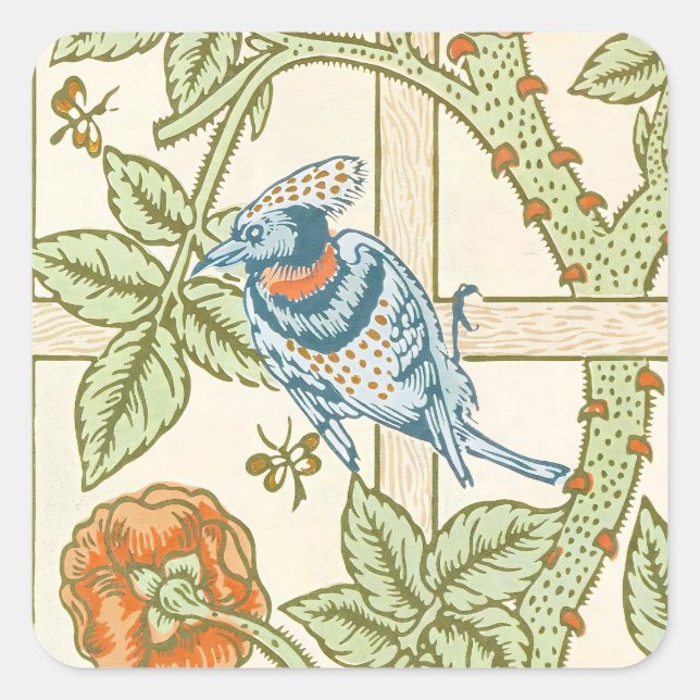 William Morris Seamless Trellis Bird Rose Pattern Square Sticker (Front)