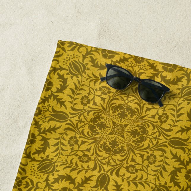 William Morris Seamless Vine Gold Yellow Pattern Beach Towel (In Situ)
