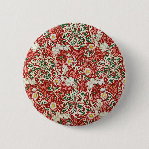 William Morris Seaweed Antique Flower Red Green 6 Cm Round Badge
