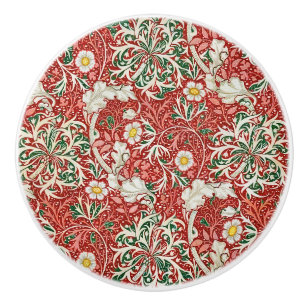 William Morris Seaweed Antique Flower Red Green Ceramic Knob