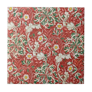 William Morris Seaweed Antique Flower Red Green Ceramic Tile