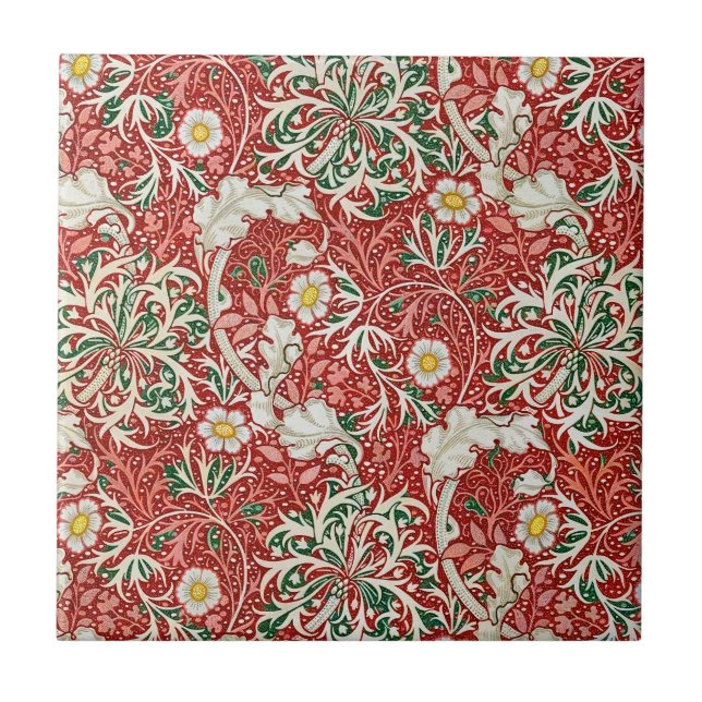 William Morris Seaweed Antique Flower Red Green Ceramic Tile (Front)
