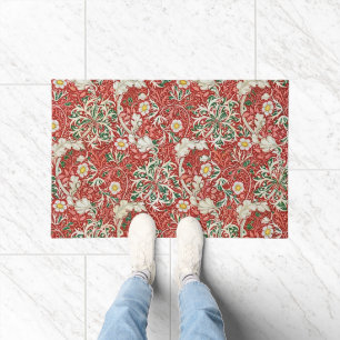 William Morris Seaweed Antique Flower Red Green Doormat
