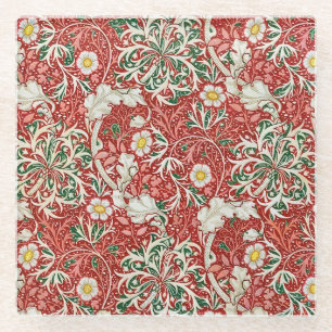 William Morris Seaweed Antique Flower Red Green Glass Coaster