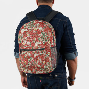 William Morris Seaweed Antique Flower Red Green Printed Backpack