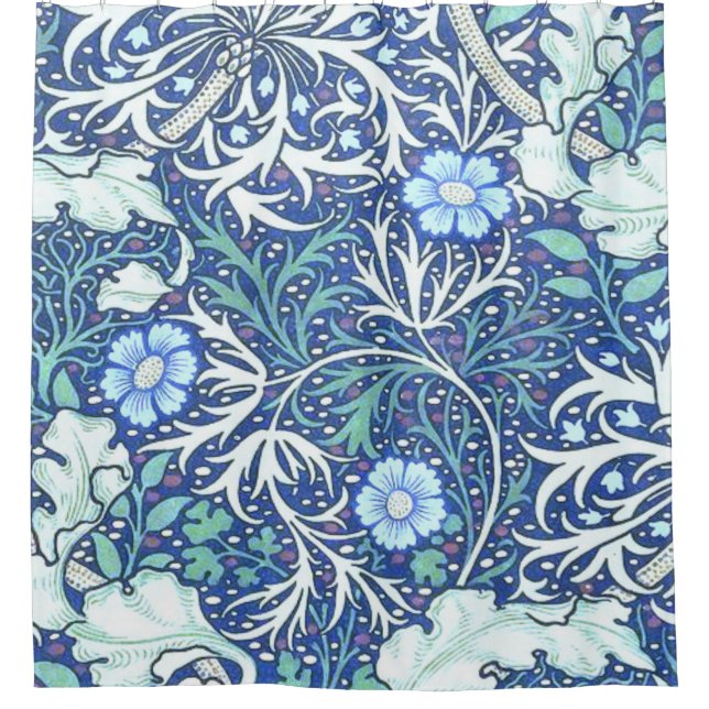 William Morris Seaweed Blue Pattern Shower Curtain (Front)