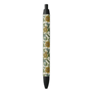 William Morris Single Stem Floral Art Tile Black Ink Pen