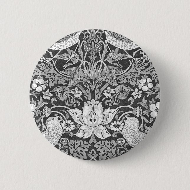 William Morris Strawberry Thief Black And White 6 Cm Round Badge (Front)