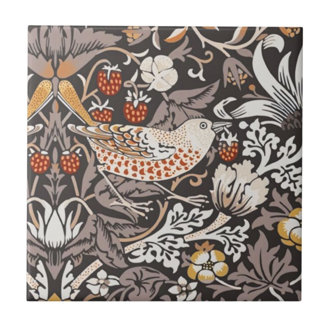 William Morris Strawberry Thief Charcoal Ochre Ceramic Tile (Front)