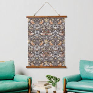 William Morris Strawberry Thief Charcoal Ochre Hanging Tapestry