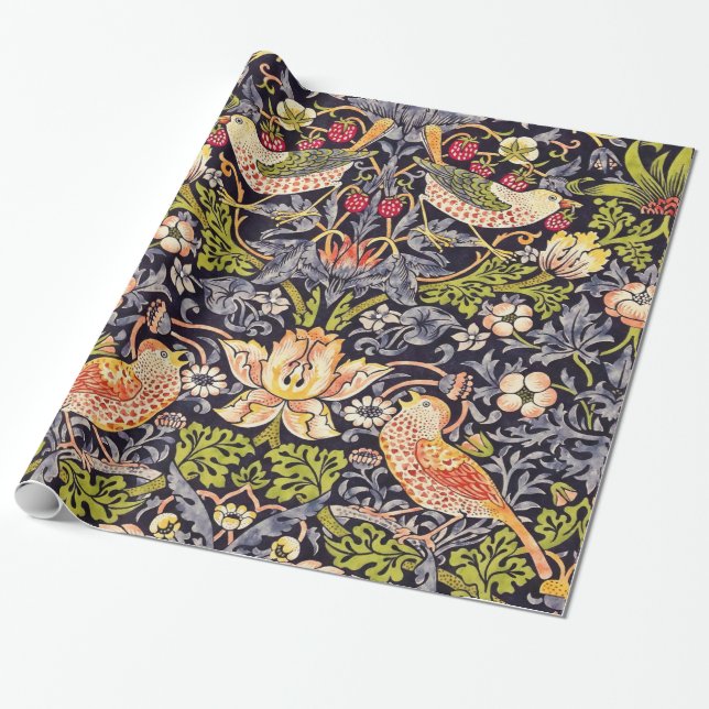 William Morris Strawberry Thief Floral Art Nouveau Wrapping Paper (Unrolled)