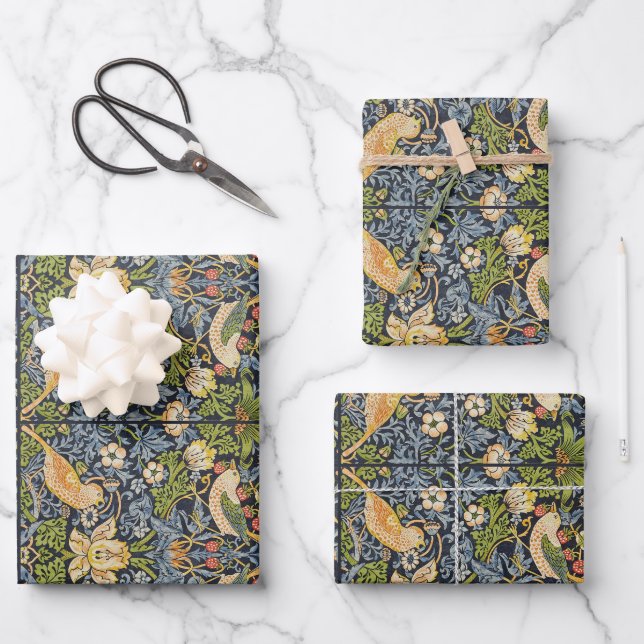 William Morris - Strawberry Thief Floral Pattern Wrapping Paper Sheet (Front)
