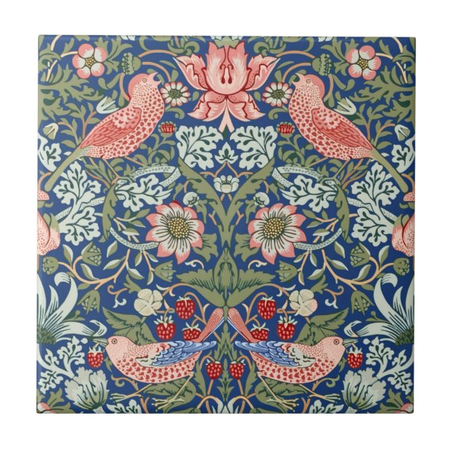 William Morris Strawberry Thief Navy Coral Ceramic Tile (Front)