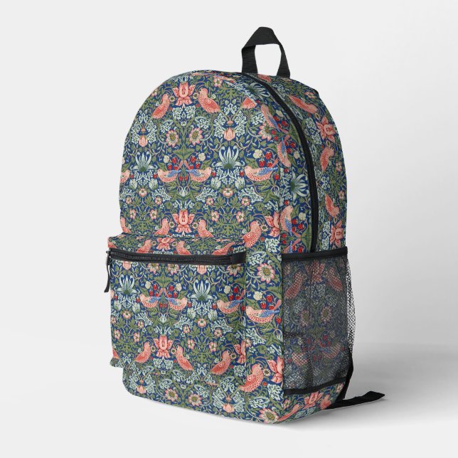 William Morris Strawberry Thief Navy Coral Printed Backpack (Back Corner Right)