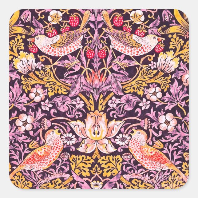 William Morris Strawberry Thief Purple Version Square Sticker (Front)