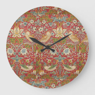 William Morris Strawberry Thief Red Floral Pattern Large Clock